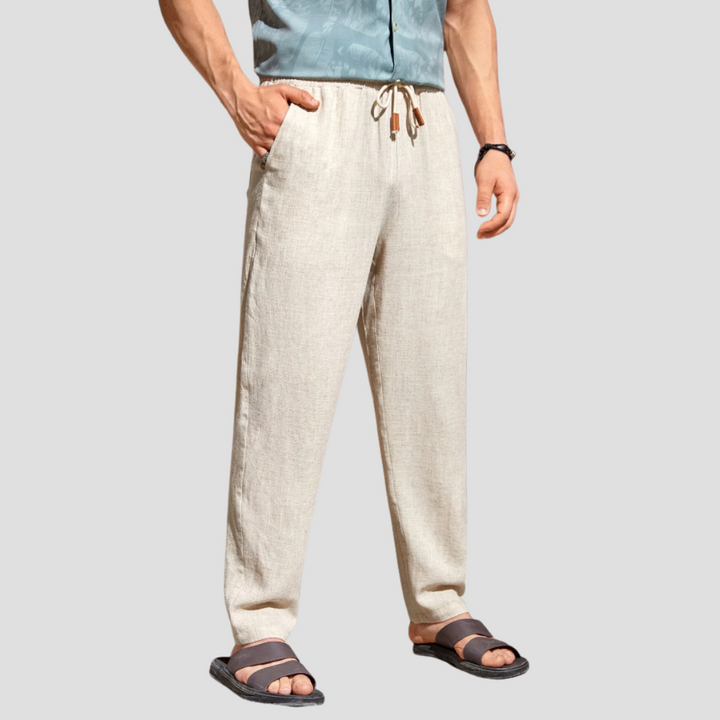Pantalon en lin pour homme, coupe droite fluide, tissu respirant, cordon ajustable, style décontracté et élégant.
