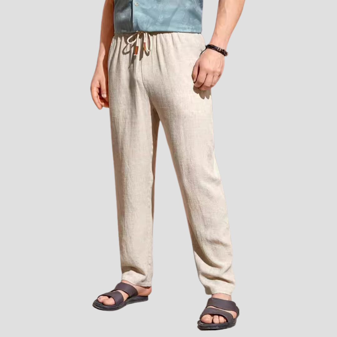 Pantalon en lin pour homme, coupe droite fluide, tissu respirant, cordon ajustable, style décontracté et élégant.