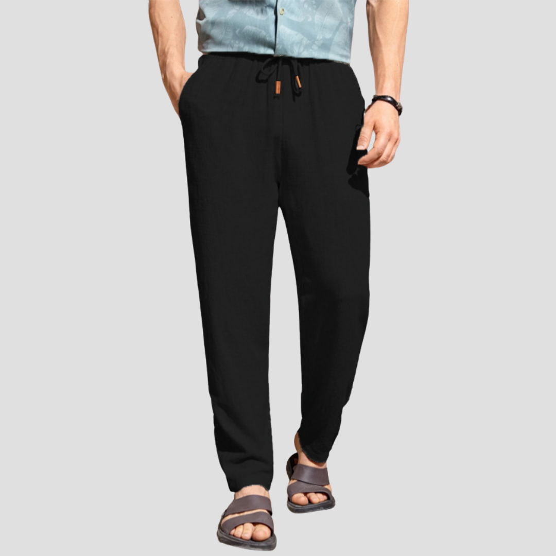 Pantalon en lin pour homme, coupe droite fluide, tissu respirant, cordon ajustable, style décontracté et élégant.