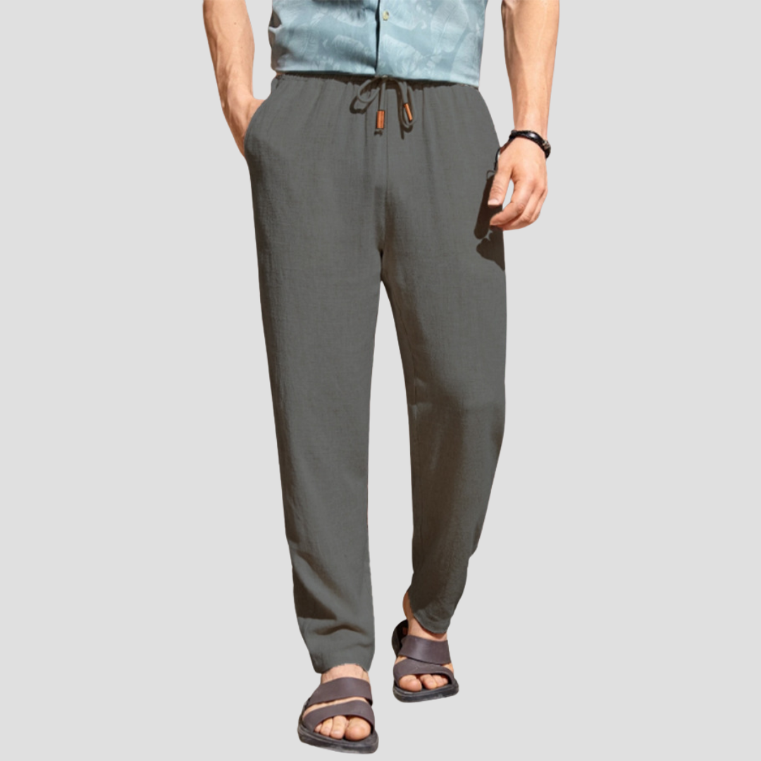 Pantalon en lin pour homme, coupe droite fluide, tissu respirant, cordon ajustable, style décontracté et élégant.