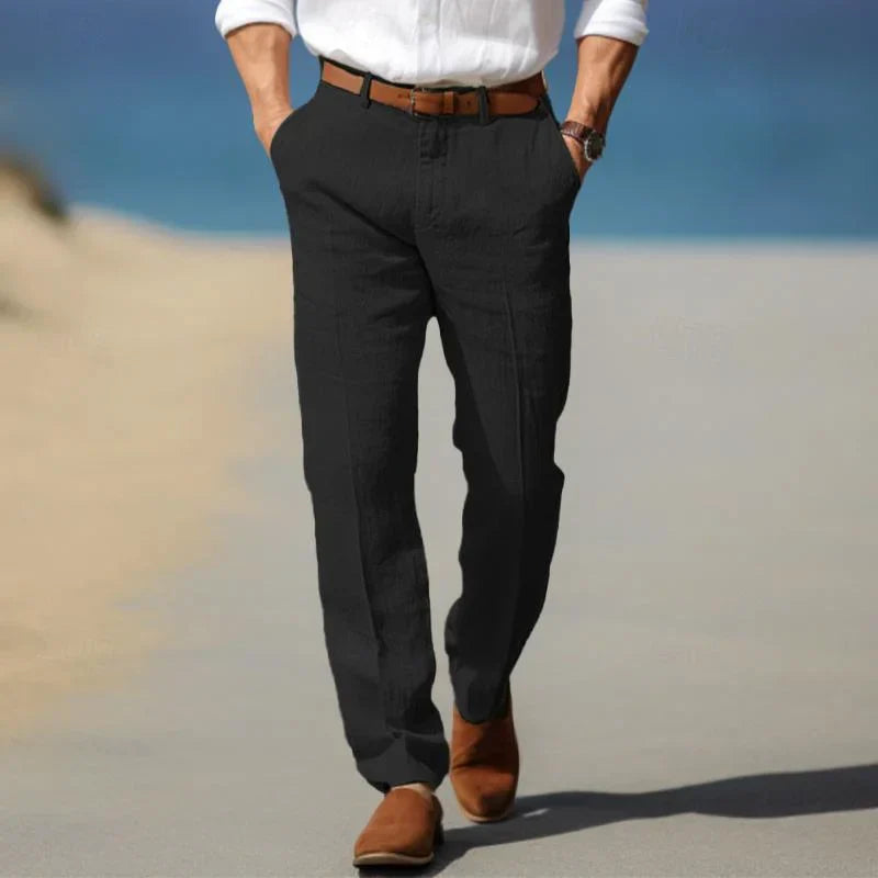"Pantalon en lin pour homme, léger et décontracté, idéal pour l'été, avec style simple et coupe confortable."