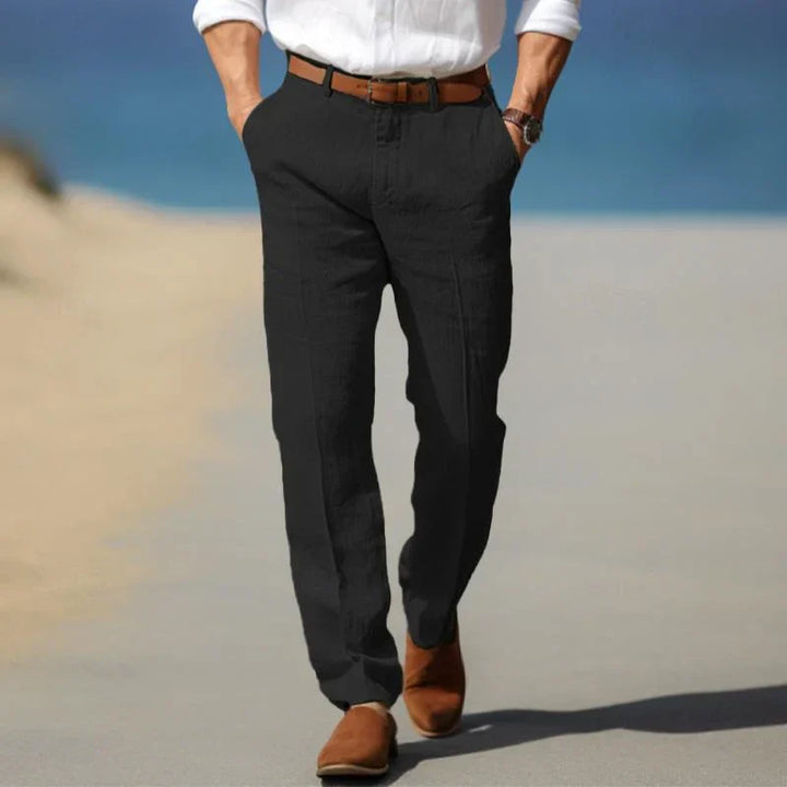 "Pantalon en lin pour homme, léger et décontracté, idéal pour l'été, avec style simple et coupe confortable."