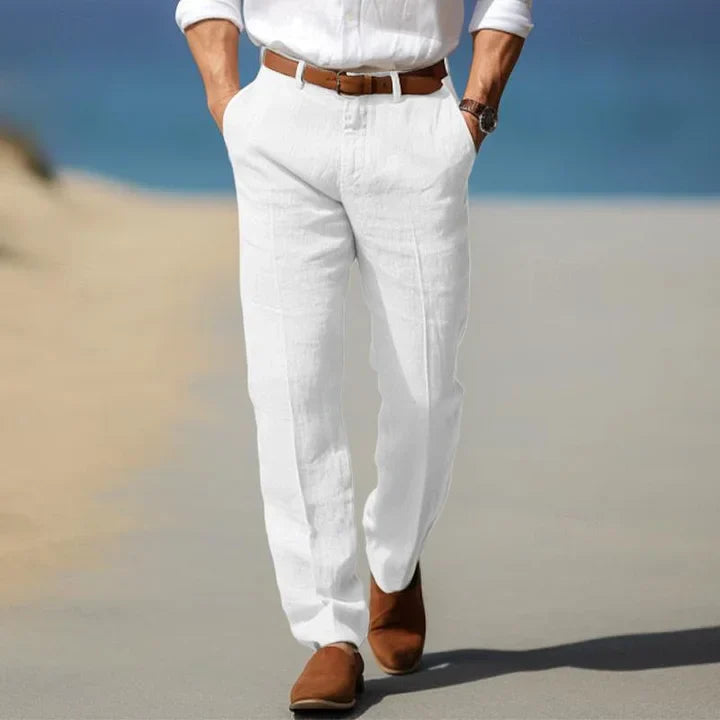 "Pantalon en lin pour homme, léger et décontracté, idéal pour l'été, avec style simple et coupe confortable."