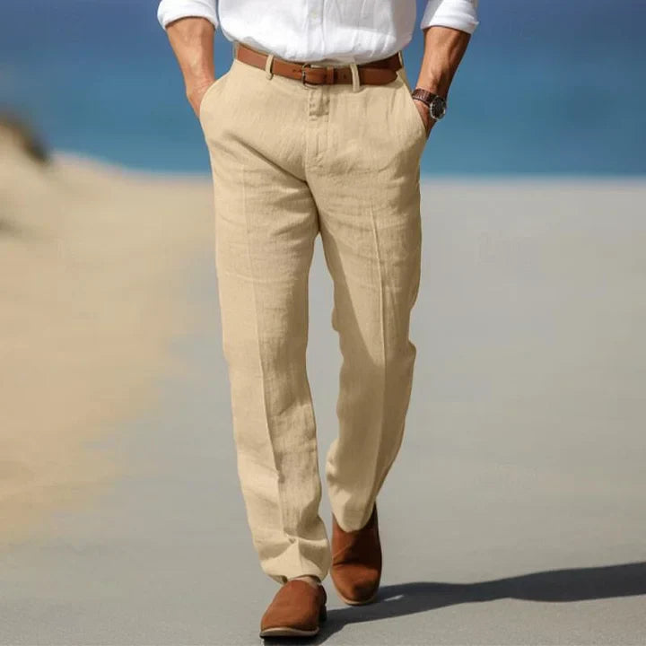 "Pantalon en lin pour homme, léger et décontracté, idéal pour l'été, avec style simple et coupe confortable."