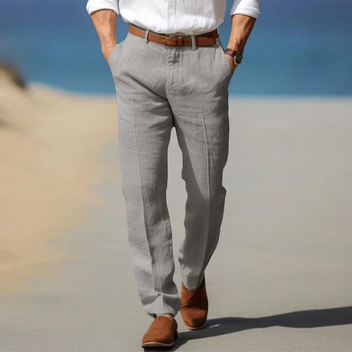 "Pantalon en lin pour homme, léger et décontracté, idéal pour l'été, avec style simple et coupe confortable."