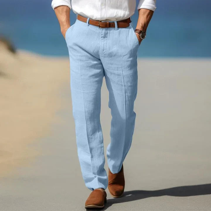 "Pantalon en lin pour homme, léger et décontracté, idéal pour l'été, avec style simple et coupe confortable."