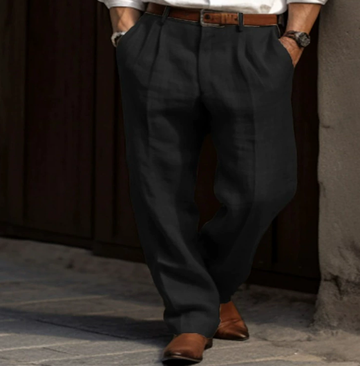 "Pantalon en lin pour hommes, léger et respirant, idéal pour l'été, style décontracté, couleur naturelle, coupe moderne."