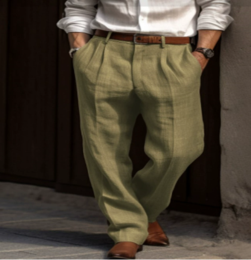 "Pantalon en lin pour hommes, léger et respirant, idéal pour l'été, style décontracté, couleur naturelle, coupe moderne."