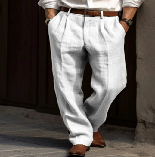 "Pantalon en lin pour hommes, léger et respirant, idéal pour l'été, style décontracté, couleur naturelle, coupe moderne."