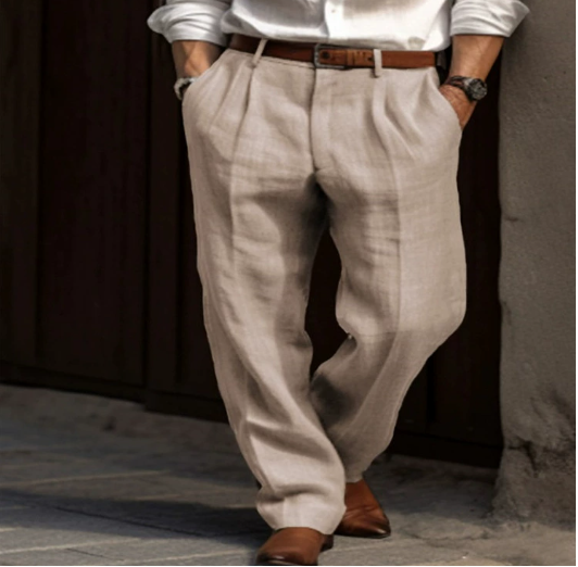 "Pantalon en lin pour hommes, léger et respirant, idéal pour l'été, style décontracté, couleur naturelle, coupe moderne."