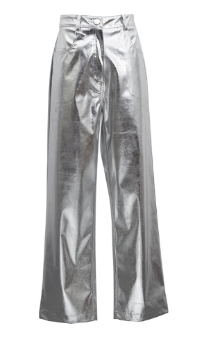 Pantalon femme argenté, coupe flatteuse, tissu soyeux. Elégant et confortable.