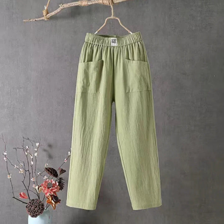 Pantalon femme décontracté en coton et lin, coupe large et confortable, idéal printemps/été.
