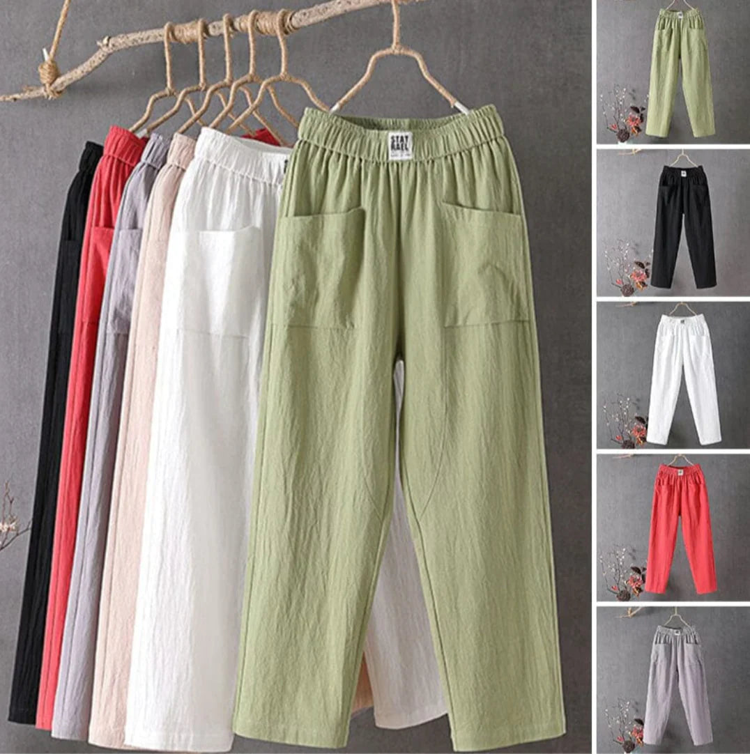 Pantalon femme confortable en coton/lin pour l'été et le printemps, style décontracté et minimaliste.