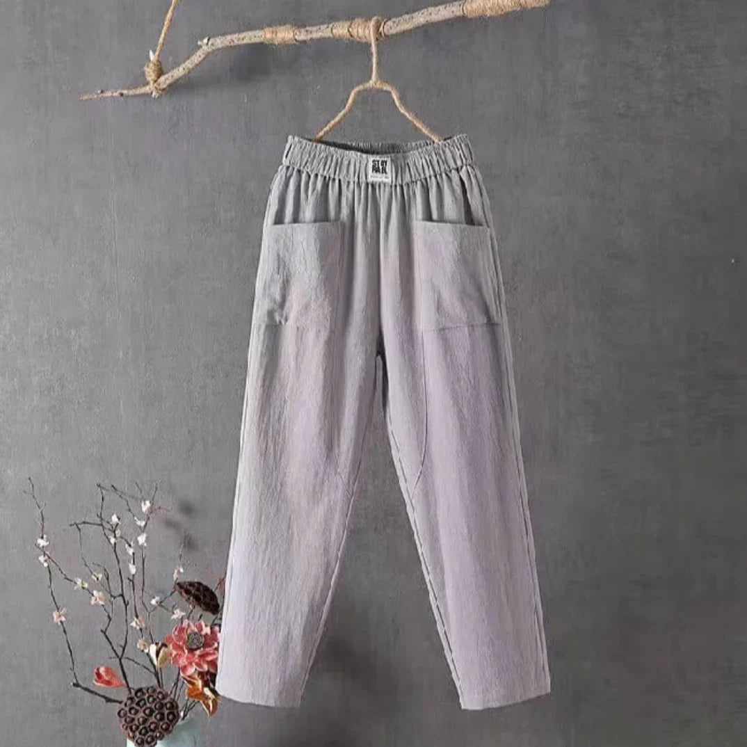 Pantalon large femme en coton et lin, style décontracté, taille élastique pour un confort optimal.