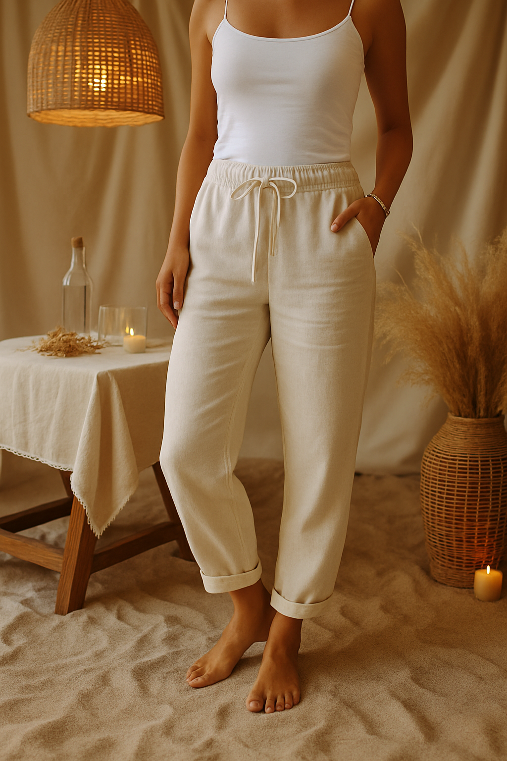 Pantalon femme en coton et lin à taille élastique, confort décontracté. Idéal printemps-été, vêtement polyvalent.