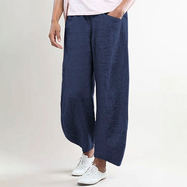 Pantalon femme en lin décontracté, léger, aéré, pour l'été, couleur sable, coupe ample, idéal pour les journées ensoleillées.