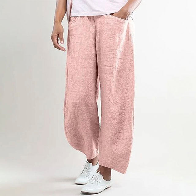 Pantalon femme en lin décontracté, léger, aéré, pour l'été, couleur sable, coupe ample, idéal pour les journées ensoleillées.
