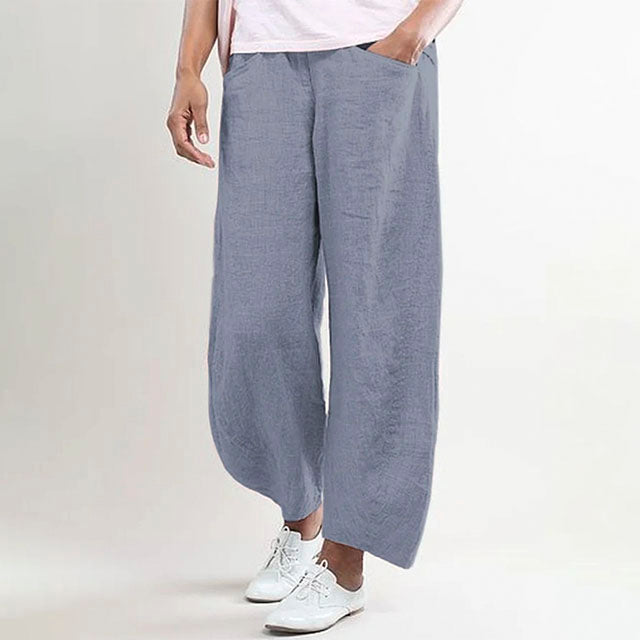 Pantalon femme en lin décontracté, léger, aéré, pour l'été, couleur sable, coupe ample, idéal pour les journées ensoleillées.