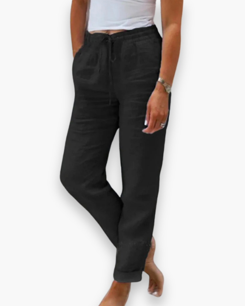 Pantalon femme fluide et léger, taille élastique, polyvalent, élégant pour style quotidien et confort optimal.