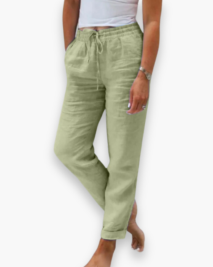Pantalon femme fluide et léger, taille élastique, polyvalent, élégant pour style quotidien et confort optimal.