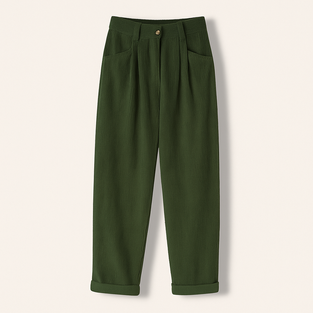Pantalon côtelé femme, taille haute, couleur unie. Look moderne, décontracté et stylé. Confort assuré.