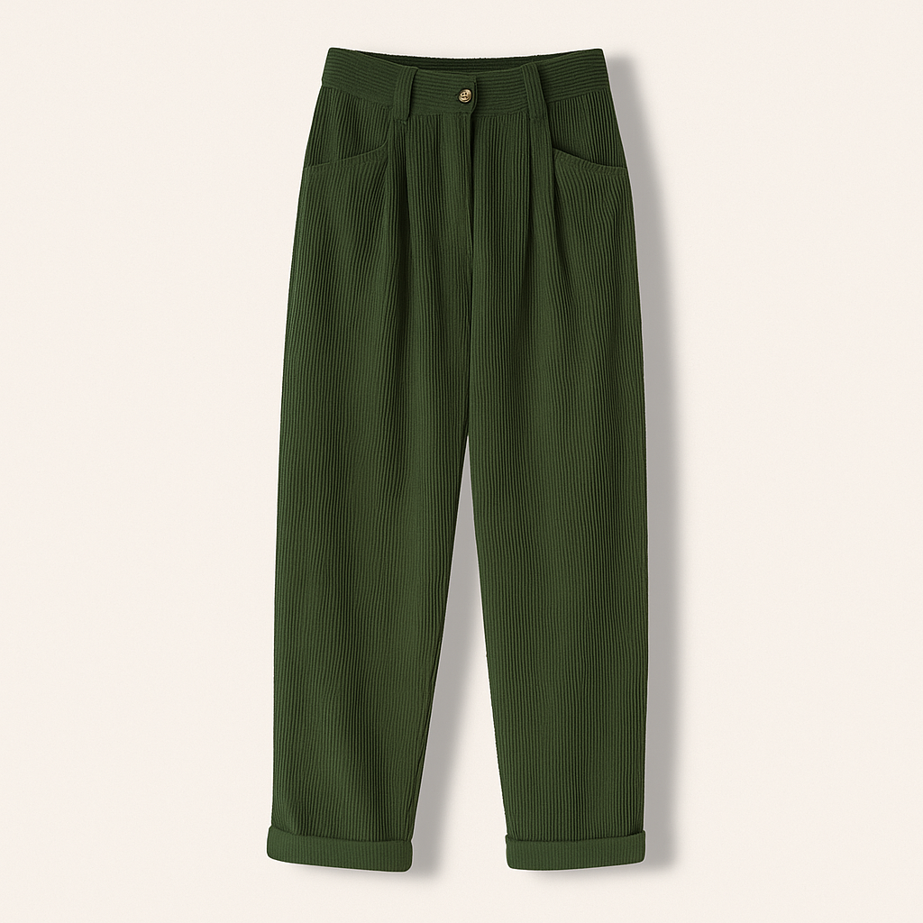 Pantalon côtelé femme, taille haute, couleur unie. Look moderne, décontracté et stylé. Confort assuré.