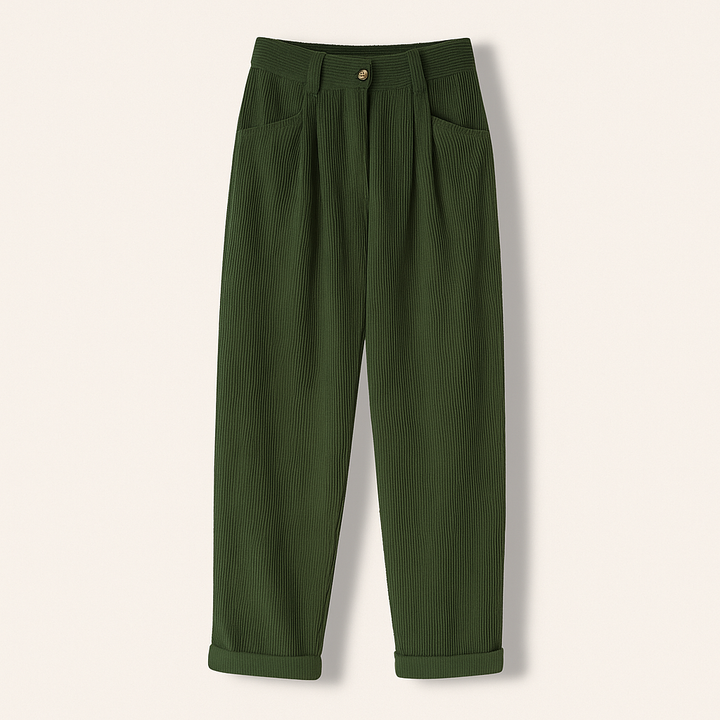 Pantalon côtelé femme, taille haute, couleur unie. Look moderne, décontracté et stylé. Confort assuré.