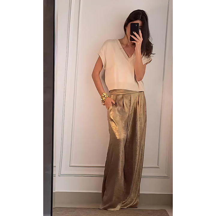 Vêtement femme: pantalon fluide taille haute, jambes larges, style élégant et décontracté, très confortable.