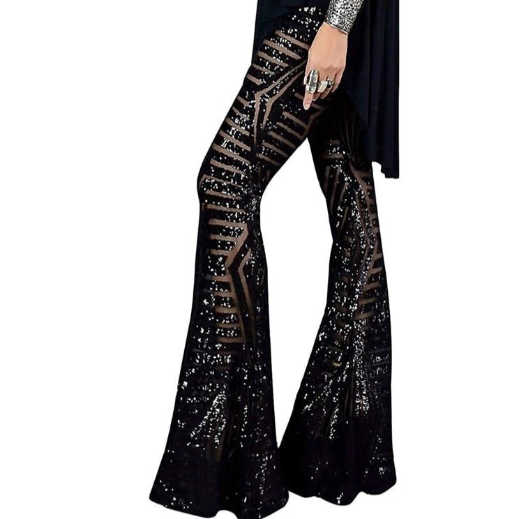 Pantalon flare femme noir à paillettes scintillantes, idéal pour soirées festives et occasions glamour. Jambes évasées.