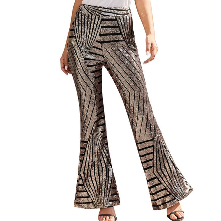Pantalon évasé femme à paillettes, coupe flare tendance. Scintillant, glamour, parfait pour fêtes et événements spéciaux.