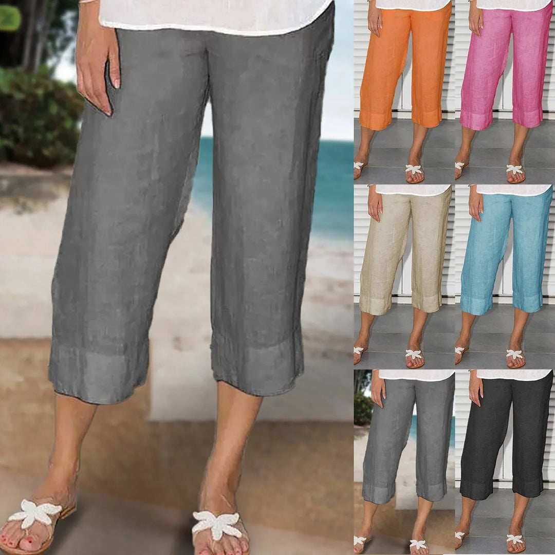 Pantalon fluide en lin pour femme, décontracté, idéal été. Confortable, coupe ample, taille haute.