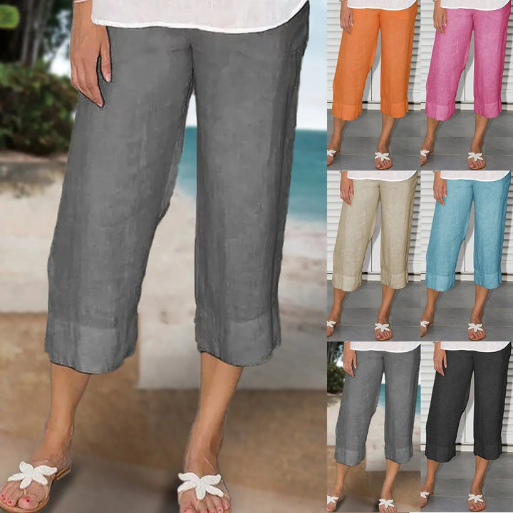 Pantalon fluide en lin pour femme, décontracté, idéal été. Confortable, coupe ample, taille haute.