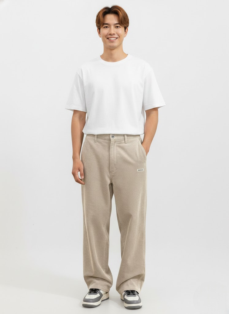 Modèle portant le pantalon homme en velours côtelé, coupe large décontractée, parfait pour un style urbain tendance.