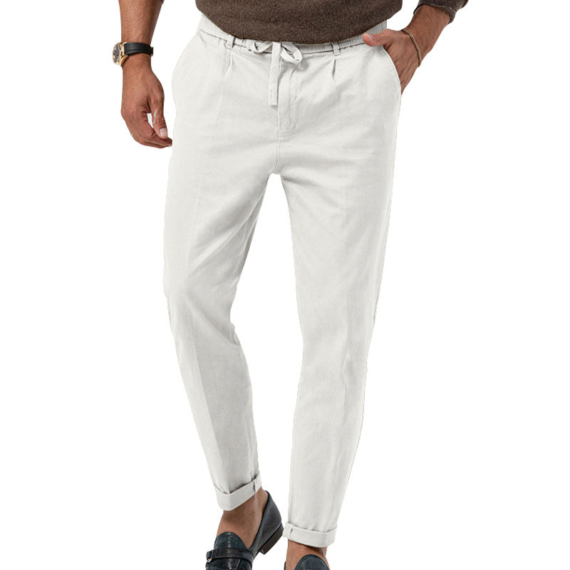 Pantalon homme lin classique élégant, coupe droite, taille haute. Idéal look décontracté ou formel.