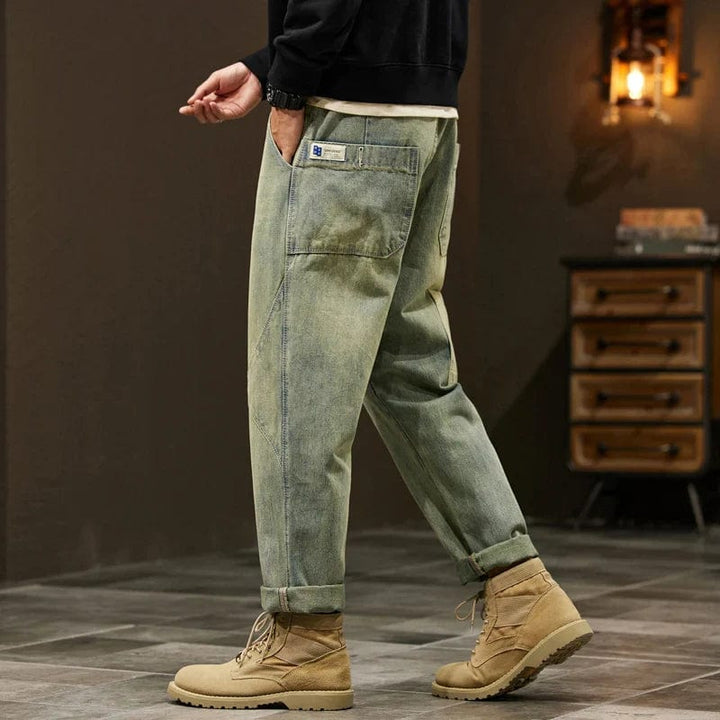 Pantalon homme rétro vert olive coupe droite, confortable et élégant pour toutes saisons.