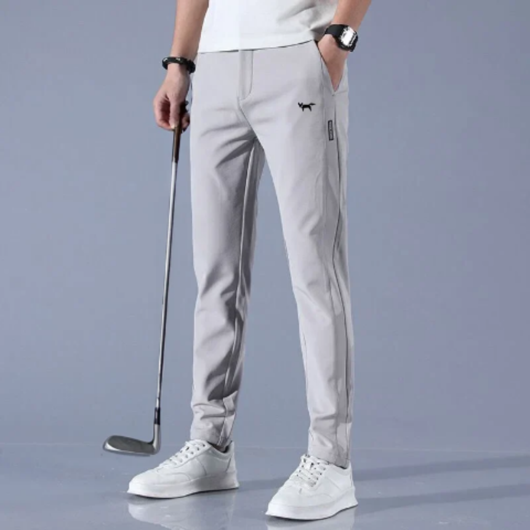 "Pantalon homme réversible, design élégant, tissu stretch, confort pour golf, léger et respirant, couleur neutre."