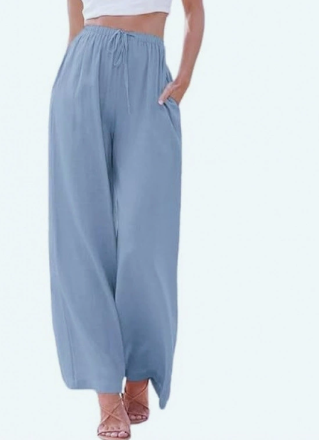 Pantalon kaki femme, coupe large en lin, parfait pour l'été, style chic décontracté et moderne.