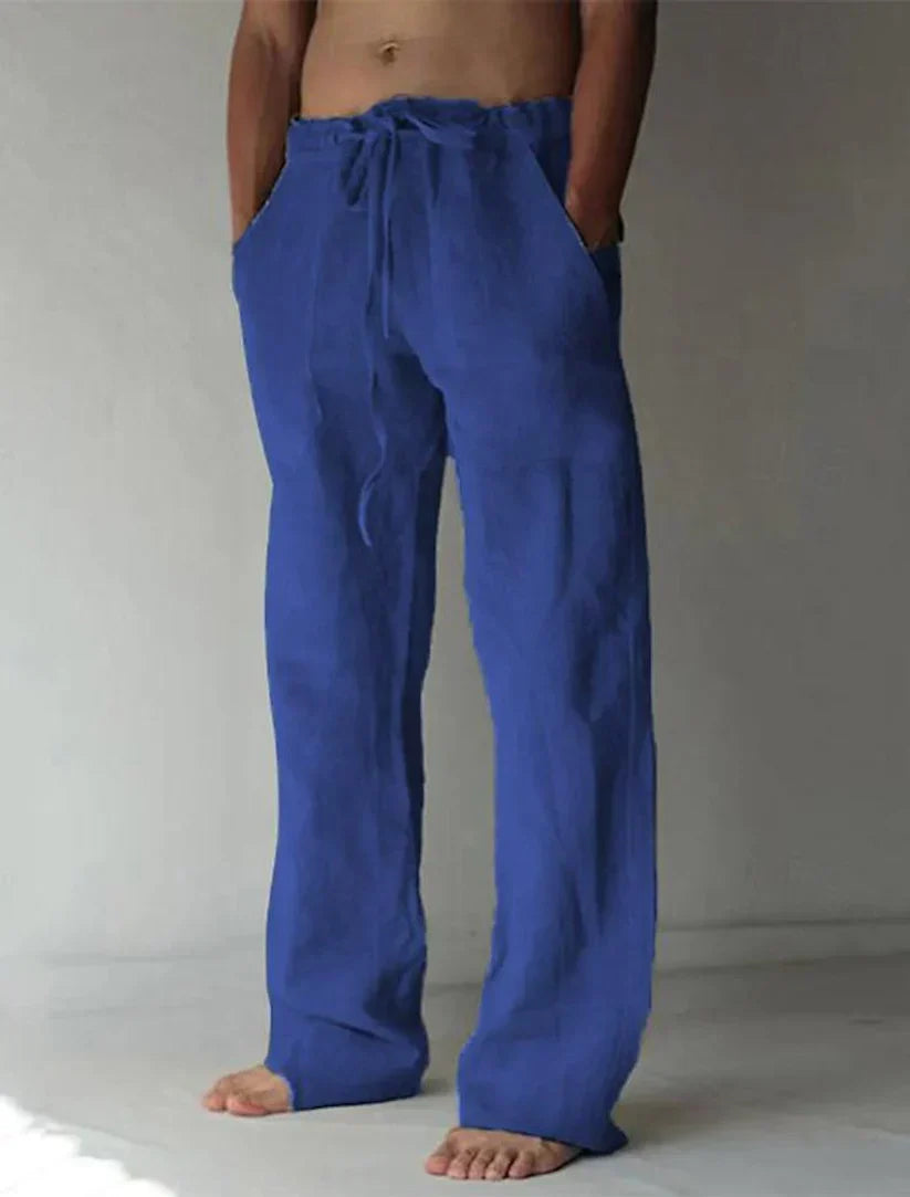 "Pantalon large en lin pour homme, coupe ample, teintes élégantes, idéal pour l'été et occasions décontractées."