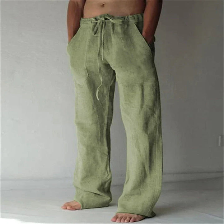 "Pantalon large en lin pour homme, coupe ample, teintes élégantes, idéal pour l'été et occasions décontractées."