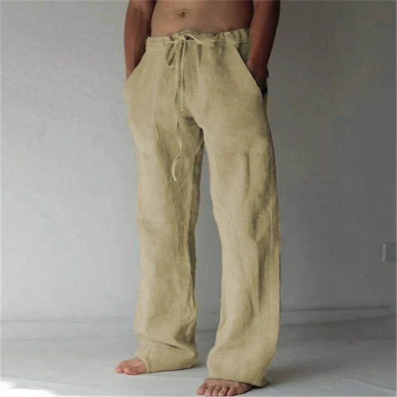 "Pantalon large en lin pour homme, coupe ample, teintes élégantes, idéal pour l'été et occasions décontractées."