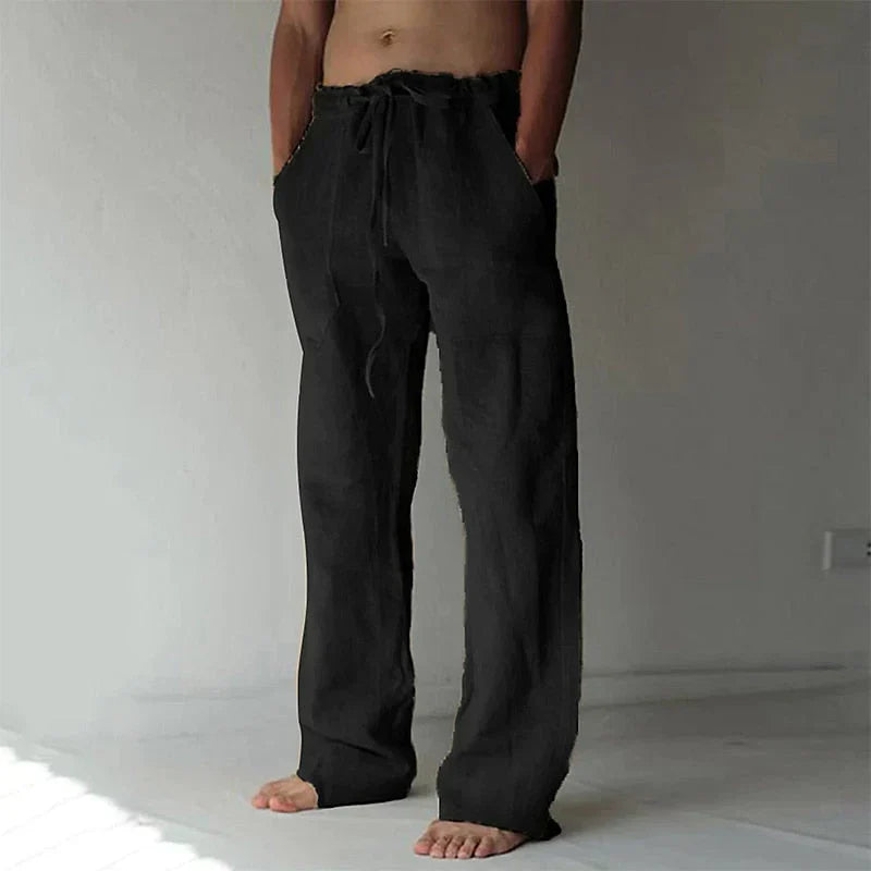 "Pantalon large en lin pour homme, coupe ample, teintes élégantes, idéal pour l'été et occasions décontractées."