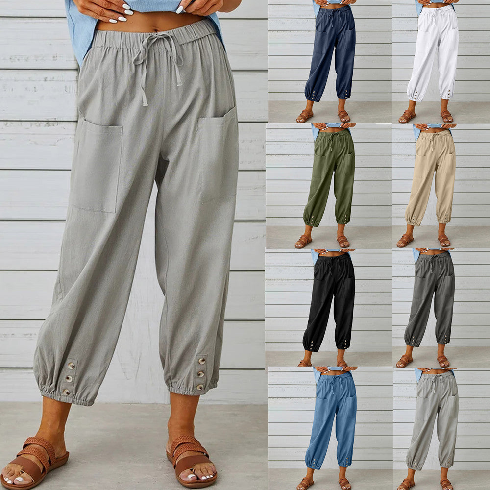 Pantalon large fluide pour femmes en coton-lin respirant. Confort et élégance décontractée, idéal pour l'été.