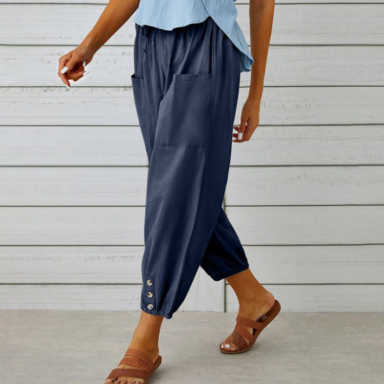 Détail de la taille élastique du pantalon large fluide femme. Confort optimal et ajustement parfait pour toutes.