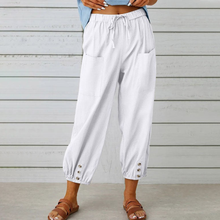 Pantalon d'été femme, coupe large et fluide. Confortable et respirant, parfait pour un look chic et décontracté.