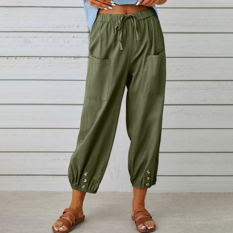 Élégant pantalon fluide pour femmes, coupe large en coton-lin. Idéal confort et style décontracté pour l'été.