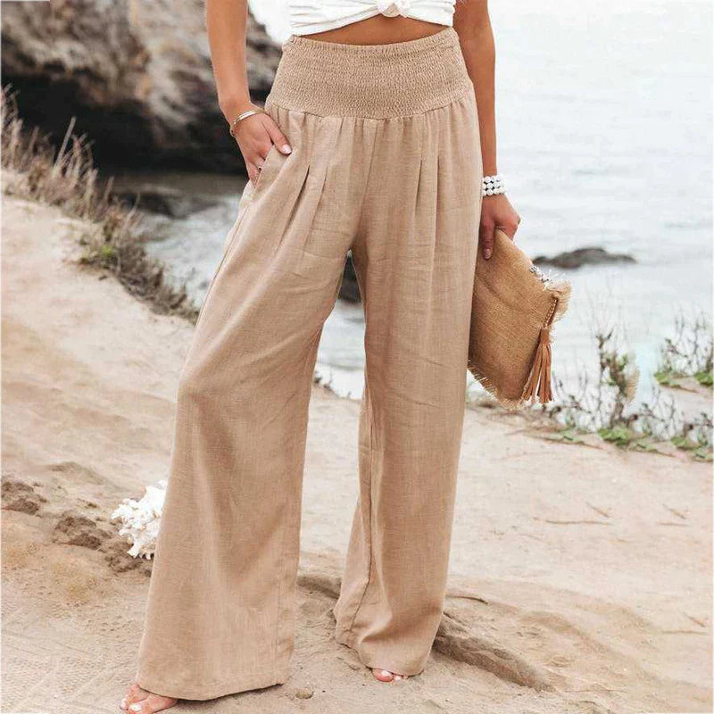 Pantalon large confortable femme, fluide, style décontracté ou habillé, parfait pour le quotidien ou occasions spéciales.