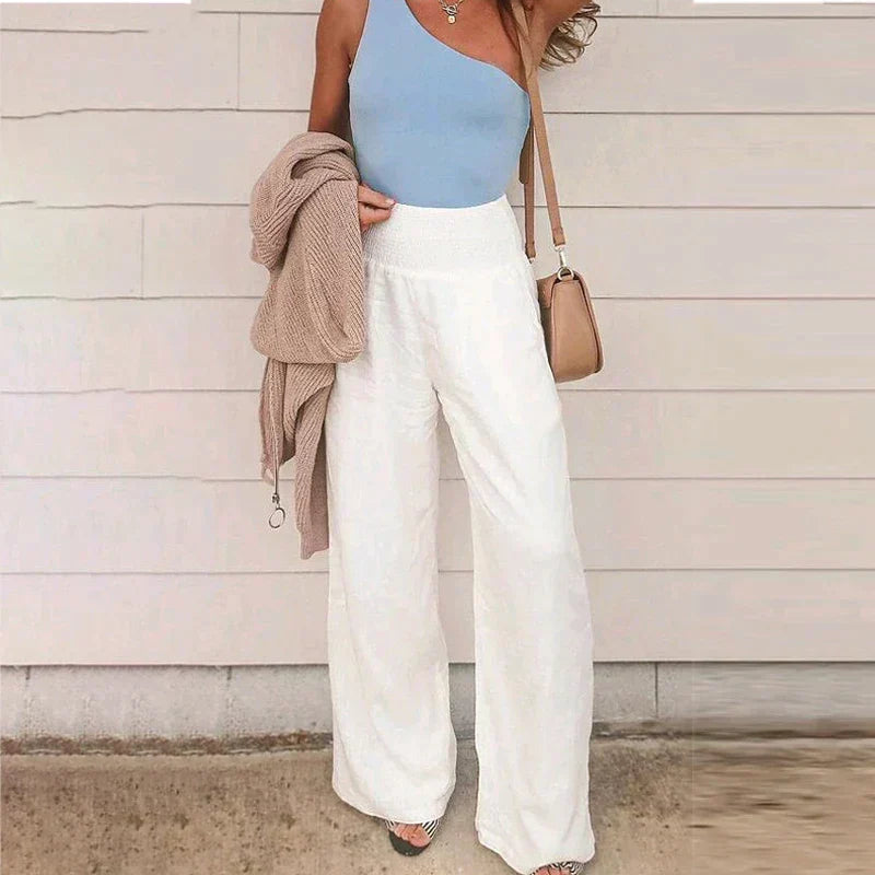Pantalon large femme taille haute, coupe évasée, allonge la silhouette, pour un look chic, confortable et moderne.
