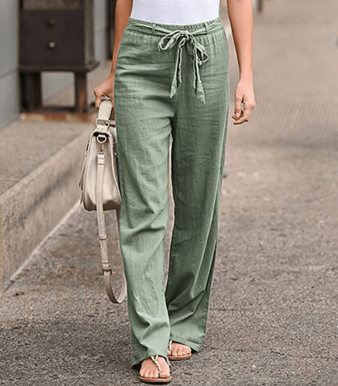 Pantalon large femme Maisy, taille élastique ajustable avec cordon de serrage, style polyvalent. Beige.