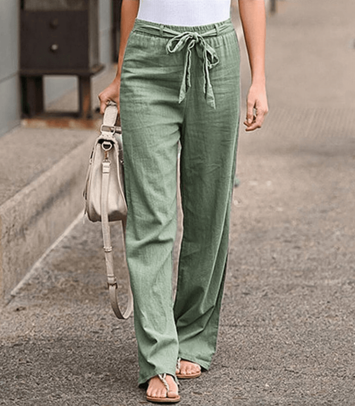 Pantalon large femme Maisy, taille élastique ajustable avec cordon de serrage, style polyvalent. Beige.