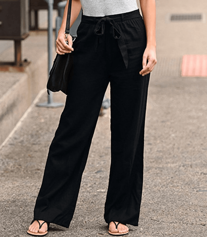 Pantalon large noir Maisy, vêtement femme élégant et décontracté, taille élastique et cordon.